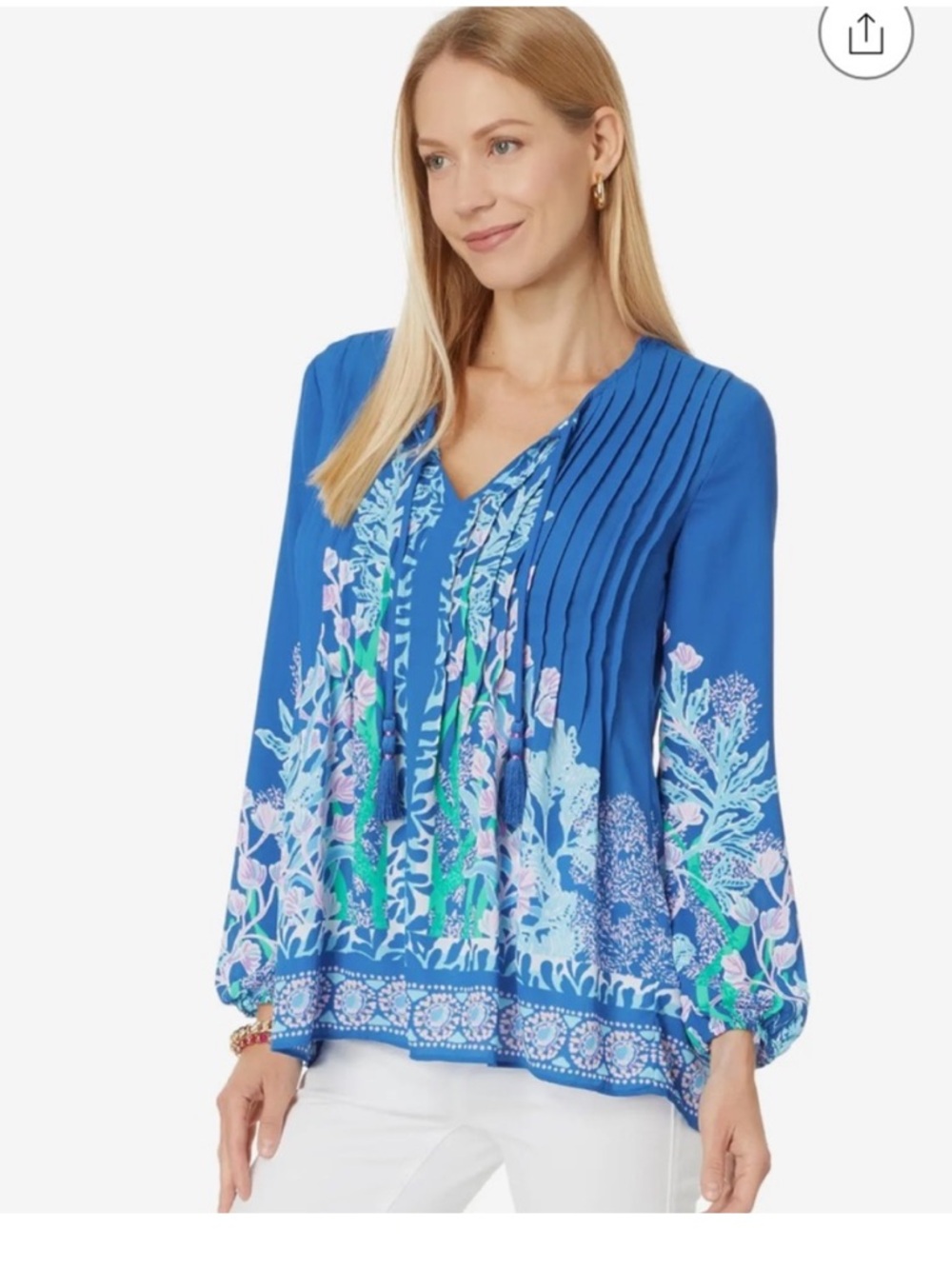 LILLY PULITZER BLUE FLORAL MARILINA LONG SLEEVES RELAXED TOP IN BARTON BLUE NEW
